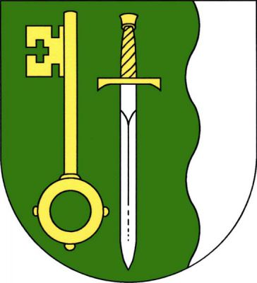Zeleno-stříbrně vlevo vlnitě polcený štít. V zeleném poli zlatý vztyčený klíč zuby ven a stříbrný postavený meč se zlatým jílcem. Znak Albrechtice nad Vltavou