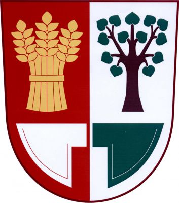 V červeno-stříbrně děleném štítě vpravo zlatý snop nad doleva položenou stříbrnou radlicí, vlevo lípa přirozené barvy nad položenou zelenou radlicí. Znak Bařice-Velké Těšany