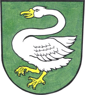 V zeleném štítě stříbrná labuť se zlatou zbrojí. Znak Bělá