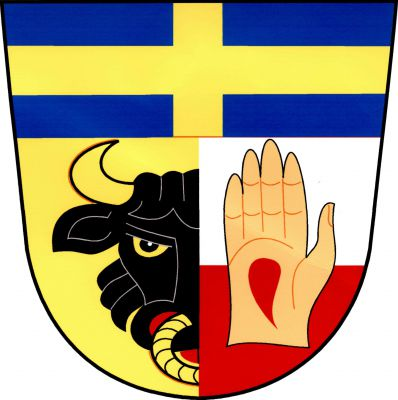 Polcený štít pod modrou hlavou se zlatým heroldským křížem. V pravém zlatém poli půl černé zubří hlavy se zlatým rohem, houžví a červeným jazykem, v levém stříbrno-červeně děleném poli pravá ruka přirozené barvy s červeným stigmatem na dlani. Znak Beňov