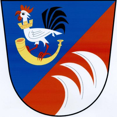 V modro-červeně šikmo děleném štítě nahoře na zlaté lovecké trubce stojící stříbrný kohout s pěti černými ocasními pery, červenou zbrojí a zlatou hradební korunou na krku, dole tři stříbrné vlčí zuby vyrůstající z okraje štítu. Znak Běrunice