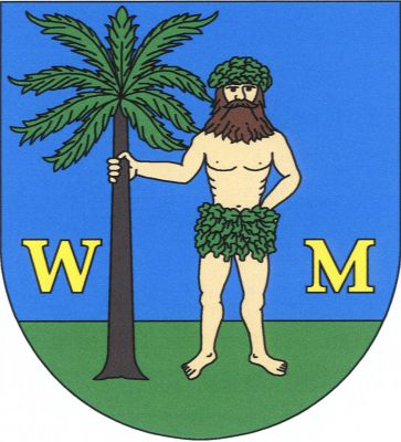 V modrém štítě se zelenou patou divý muž držící pravou rukou palmu, vše přirozené barvy, provázené zlatými majuskulními písmeny W a M. Znak Bílé Podolí