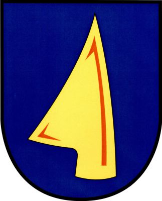 V modrém štítě vztyčená zlatá radlice. Znak Biskupice