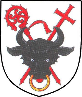 Ve stříbrném štítě černá zubří hlava s červeným jazykem a zlatou houžví, kosmo podložená berlou závitem ven a šikmo podložená procesním křížem, obojí červené. Znak Biskupice