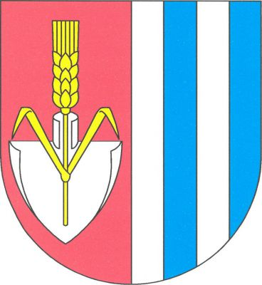 Polcený štít, v pravém červeném poli zlatý obilný klas se dvěma odkloněnými listy, dole podložený čelně postavenou stříbrnou radlicí, levé pole třikrát stříbrno-modře polcené. Znak Blažim