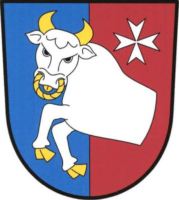 V modro-červeně polceném štítě polovina stříbrného zubra ve skoku se zlatou zbrojí, jazykem a houžví, provázená vlevo nahoře stříbrným maltézským křížem. Znak Blažim