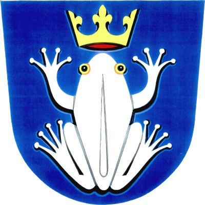V modrém štítě stříbrná žába převýšená zlatou korunou s červeným vyložením. Znak Bohutín