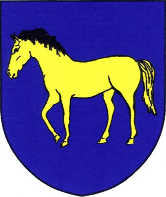 V modrém štítě zlatý vykračující kůň. Znak Borač