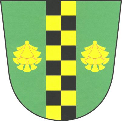 V zeleném štítě černo - zlatě šachovaný kůl provázený dvěma svěšenými zlatými borovými šiškami. Znak Borek