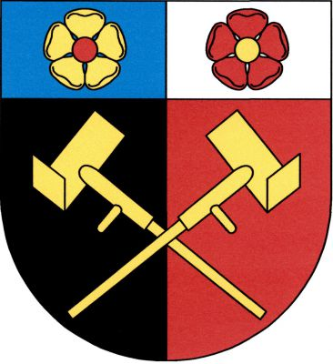 V černo - červeně polceném štítě, pod modro - stříbrně polcenou hlavou vpravo se zlatou růží s červeným semeníkem a vlevo s červenou růží se zlatým semeníkem, zlatá zkřížená borkovací želízka. Znak Borkovice