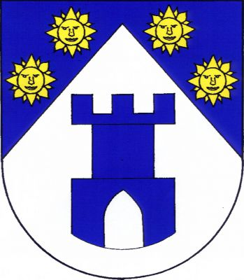 V modrém štítě ve stříbrném sníženém hrotu provázeném čtyřmi (2,2) zlatými slunci s tváří modrá věž s cimbuřím a s prázdnou gotickou branou. Znak Boseň