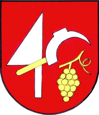 V červeném štítě stříbrná vztyčená radlice, šikmo přeložená stříbrným kosířem se zlatou rukojetí, pod ním zlatý vinný hrozen. Znak Bošovice