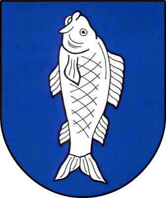 V modrém štítě vzhůru plovoucí stříbrná ryba. Znak Bouzov