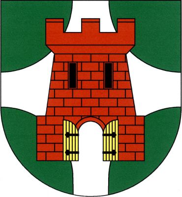Ve stříbrném štítě se čtyřmi zelenými kruhovými kouty červená kvádrovaná věž s cimbuřím, dvěma černými okny vedle sebe a otevřenou branou se zlatými vraty na černých závěsech. Znak Braňany