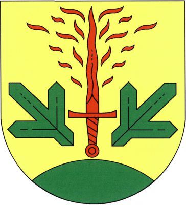 Ve zlatém štítě nad zeleným návrším vztyčený červený plamenný hořící meč provázený dvěma odkloněnými zelenými smrkovými větvičkami. Znak Brandov