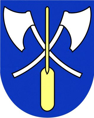 V modrém štítě dvě zkřížené stříbrné sekery-bradatice přeložené postaveným zlatým veslem. Znak Bransouze