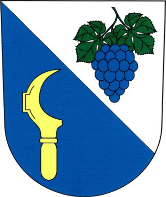 Stříbrno-modře kosmo dělený štít, nahoře modrý vinný hrozen se dvěma zelenými listy, dole vztyčený, doleva obrácený zlatý vinařský nůž (kosíř). Znak Bratčice