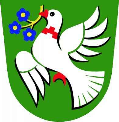 V zeleném štítě stříbrná letící holubice s červenou zbrojí a cimbuřovým obojkem, držící v zobáku na zlatém stonku tři modré pětilisté květy se zlatými středy. Znak Bratřejov