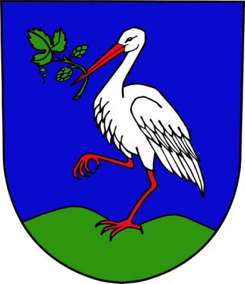 V modrém štítě na zeleném dvojvrší stříbrný čáp s červenou zbrojí, držící v zobáku zelenou chmelovou větvičku s jedním listem a dvěma šišticemi. Znak Bratrušov