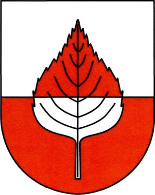 Ve stříbrno-červeně děleném štítě vztyčený březový list opačných barev. Znak Břežany