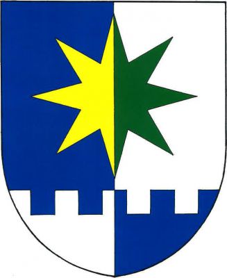 V modro-stříbrně polceném štítě nad cimbuřovou patou opačných barev zlato-zeleně polcená osmihrotá hvězda. Znak Březina