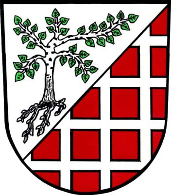 Stříbrno-červeně šikmo dělený štít. Nahoře vykořeněná bříza přirozených barev, dolní pole stříbrně mřežované. Znak Březová