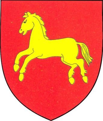 V červeném štítě zlatý běžící kůň. Znak Březsko