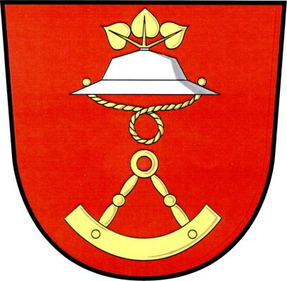 V červeném štítě nad dolů obráceným zlatým korbelem stříbrný železný klobouk se zlatým šňůrovým podbradníkem a třemi vyrůstajícími zlatými leknínovými listy. Znak Brloh