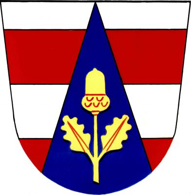 Ve stříbrno-červeně třikrát děleném štítě s užším horním břevnem modrý hrot se vztyčenou zlatou dubovou větví se dvěma listy a jedním žaludem. Znak Brněnec