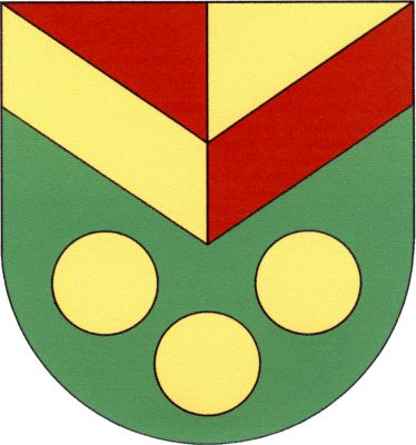 V zeleném štítě nad třemi (2,1) zlatými koulemi zlato-červeně polcená snížená obrácená krokev. Pole nad ní opačných barev. Znak Brniště