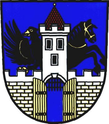 V modrém štítě stříbrná kvádrovaná hradba s cimbuřím, uprostřed stříbrná věž s otevřenou branou se zlatými vraty na černých závěsech a černou vytaženou mříží, se třemi (2,1) černými okny, zakončená cimbuřím a červenou stanovou střechou se zlatou makovicí. Z věže vpravo vyrůstá půl černého orla se zlatou zbrojí a vlevo vyskakuje černý kůň se zlatým uzděním. Znak Brodce