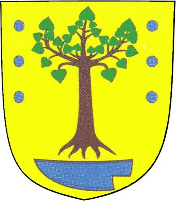 Ve zlatém štítě vykořeněný listnatý strom nad modrou položenou radlicí, provázený po každé straně třemi modrými koulemi pod sebou. Znak Brodek u Konice
