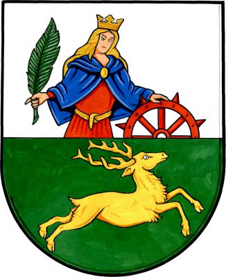 Ve stříbrno-zelené děleném štítě nahoře vyrůstá korunovaná postava sv. Kateřiny v červeném šatě s modrou pláštěnkou, se zlatými vlasy, držící v pravé ruce zelenou palmovou ratolest a levou rukou se opírá o polovinu čeveného nožového kola, dole doleva běžící zlatý jelen. Znak Brodek u Přerova