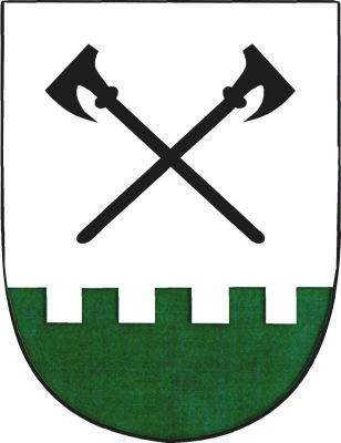 Ve stříbrném štítě nad zelenou cimbuřovou patou zkřížené černé čakany. Znak Broumov