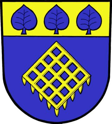 V modrém štítě pod zlatou hlavou se třemi vztyčenými modrými lipovými listy kosmo položené zlaté polní brány. Znak Bruzovice