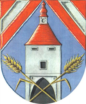 V modrém štítě vyrůstající stříbrná patrová věž s gotickou černou prolomenou branou, se třemi okny a červenou stanovou střechou zakončenou stříbrnou lucernou a červenou věžičkou, dole přeložená zkříženými zlatými obilnými klasy. V červených koutech štítu stříbrné šikmé a kosmé břevno. Znak Budkov
