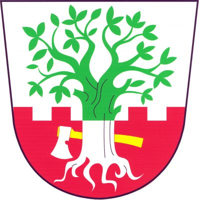 Ve sníženě stříbrno-červeně cimbuřovitě děleném štítě zeleno-stříbrně dělený vykořeněný buk s kmenem podloženým položenou stříbrnou sekerou se zlatým topůrkem. Znak Buk