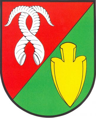 V červeno-zeleně šikmo děleném štítě nahoře propletené stříbrné beraní rohy, dole čelně postavená zlatá radlice. Znak Bukovka