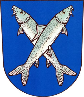 V modrém štítě zkřížené stříbrné parmy, šikmá přes kosmou. Znak Bulhary