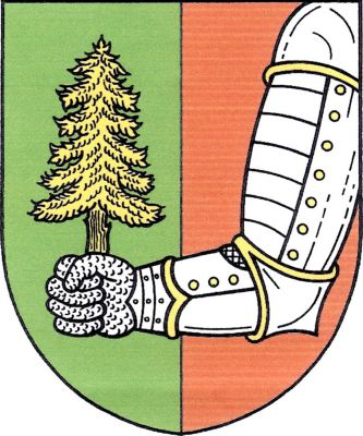 V zeleno - červeně polceném štítě zleva vynikající stříbrné zlatě zdobené obrněné pravé rameno držící v drátěné rukavici zlatý smrk. Znak Býšovec
