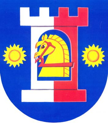 V modrém štítě stříbrno-červeně polcená věž s cimbuřím a velkým prolomeným obloukovým oknem. V něm zlatá koňská hlava s krkem, červenou ohlávkou a uzdou. Věž provázená dvěma zlatými slunci. Znak Bystřec