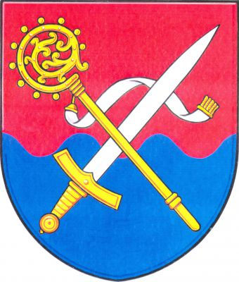 V červeno-modře vlnitě děleném štítě šikmo vztyčený stříbrný meč se zlatým jílcem, kosmo přeložený zlatou berlou se stříbrným sudariem. Znak Bystrovany