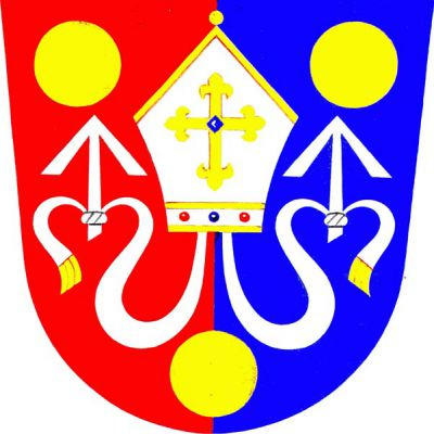V červeno-modře polceném štítě stříbrná zlatě zdobená mitra, jejíž stříbrné zlatým třepením zakončené fimbrie tvoří zavinutí u dvou stříbrných zavinutých střel po stranách. Vše provázeno třemi (2,1) zlatými kotouči. Znak Častrov