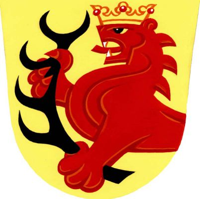 Ve zlatém štítě vynikající polovina červeného korunovaného lva držícího černý paroh. Znak Cebiv