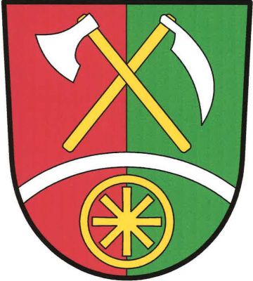 V červeno-zeleně polceném štítě snížené stříbrné obloukové břevno, nad ním kosmo sekera šikmo podložená kosou, obojí stříbrné se zlatými násadami, dole volný dvojitý, spojený řecký a ondřejský, kříž v kruhu, vše zlaté. Znak Čečelovice