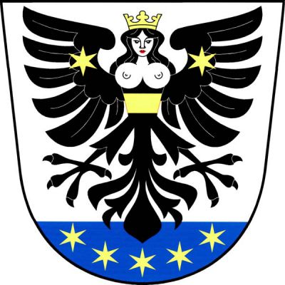 Ve stříbrném štítě s modrou patou černá korunovaná harpyje s břevnem na hrudi a dvěma hvězdami na křídlech, pod ní pět hvězd do oblouku, vše zlaté. Znak Čejov
