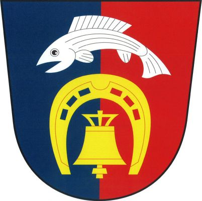 V modro-červeně polceném štítě zlatá podkova převýšená stříbrným lososem. Uprostřed podkovy zlatý zvon. Znak Cekov