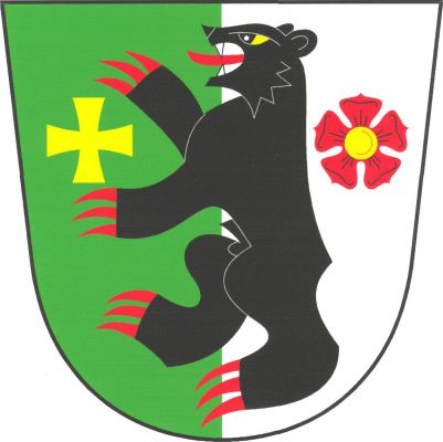 V zeleno-stříbrně polceném štítě černý medvěd ve skoku s červenou zbrojí a stříbrnými zuby, provázený vpravo zlatým tlapatým křížem a vlevo červenou růží se zlatým semeníkem. Znak Čelčice
