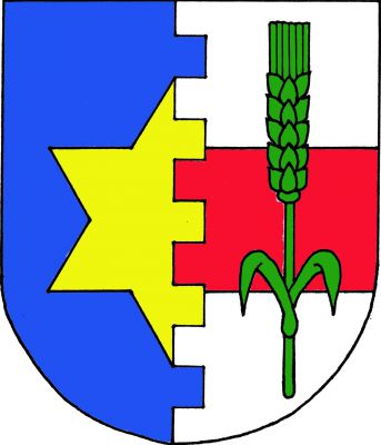 V modro - stříbrně cimbuřovitě polceném štítě vpravo od středu vyniká půl zlaté hvězdy, vlevo přes červené břevno zelený obilný klas se dvěma listy. Znak Čeradice