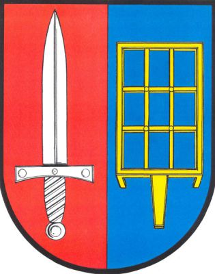 V červeno-modře polceném štítě vpravo stříbrný meč, vlevo zlatý rošt, obojí vztyčené. Znak Cerekvice nad Bystřicí